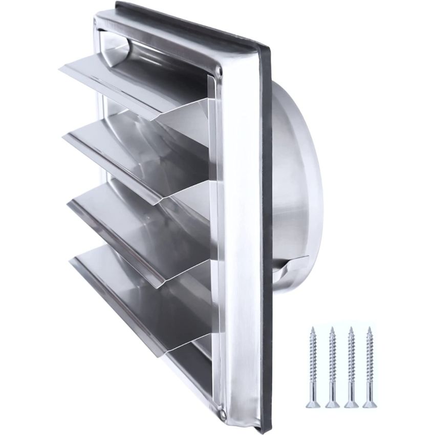 DOMUX DMX-100-SMS Grille de Ventilation Inox 100 mm pour Hotte, Extracteur et S&egrave;che-Linge - Lames Mobiles Anti-Retour - R&eacute;sistance aux Intemp&eacute;ries - 148x148mm - DN100