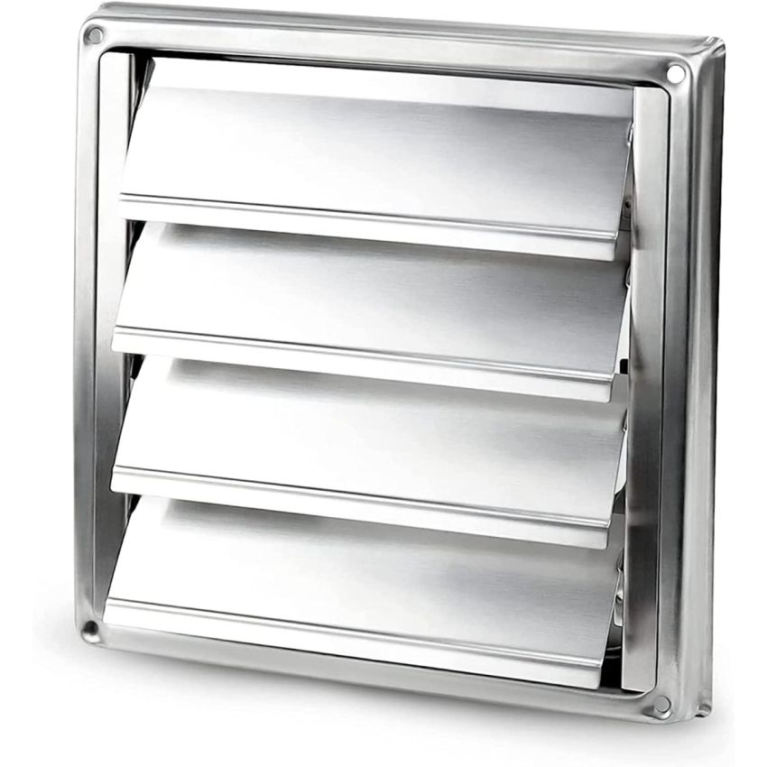 DOMUX DMX-100-SMS Grille de Ventilation Inox 100 mm pour Hotte, Extracteur et S&egrave;che-Linge - Lames Mobiles Anti-Retour - R&eacute;sistance aux Intemp&eacute;ries - 148x148mm - DN100