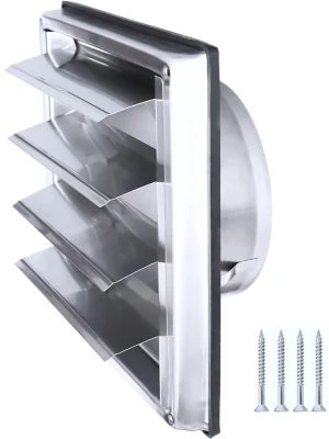 Grille de Ventilation Inox 125 mm pour Hotte, Extracteur et Sèche-Linge - Lames Mobiles Anti-Retour - Résistance aux Intempéries - 185x185mm - DN125